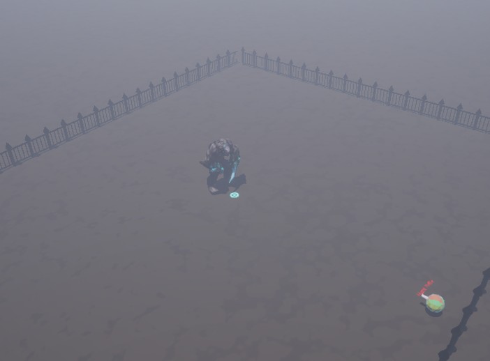 Top-down gameplay screenshot of Arena of the Damned, showing the player character and a pickup in the boss arena.